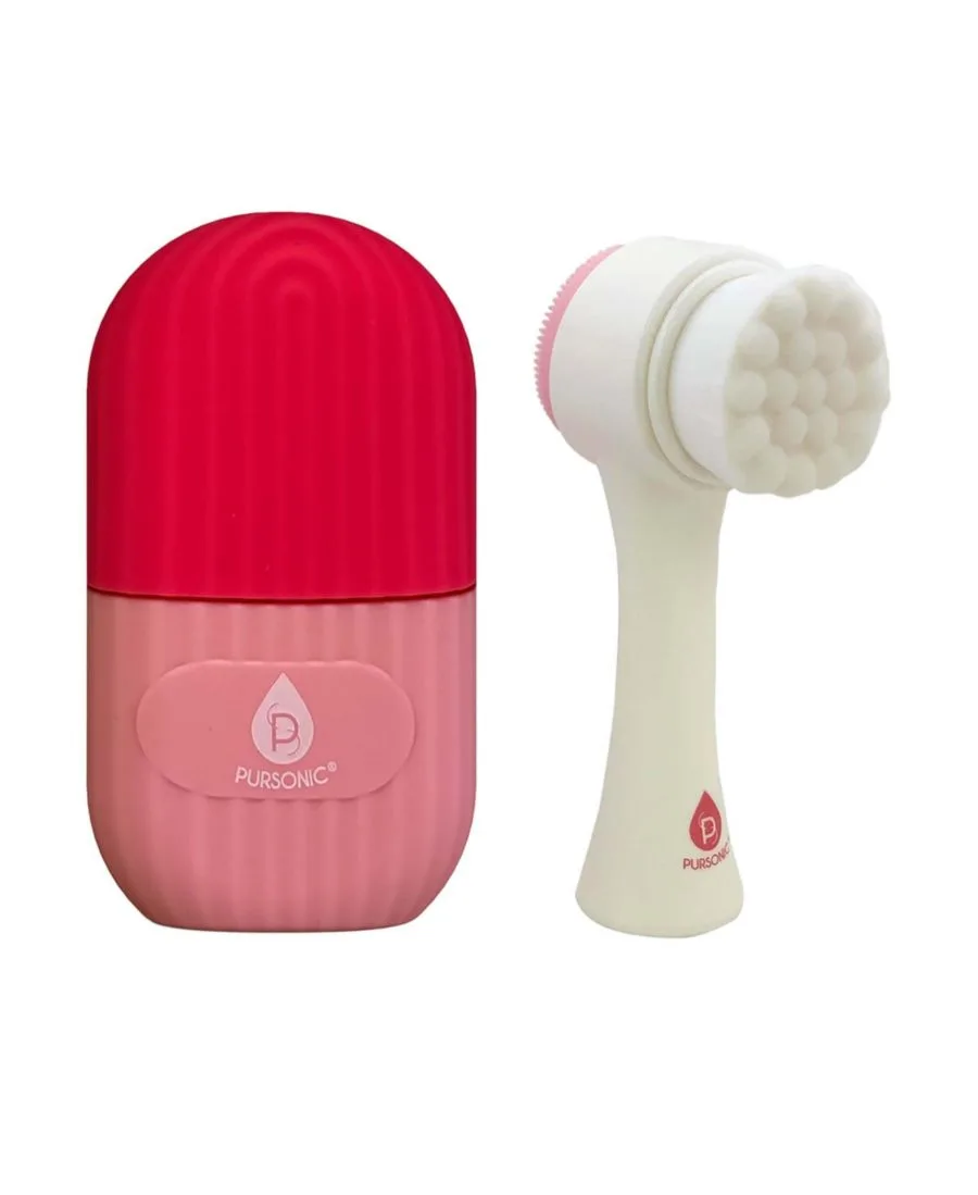 Набор Ultimate Glow Duo: ледяной ролик для лица и двусторонняя очищающая щетка для сияющей кожи PURSONIC, розовый