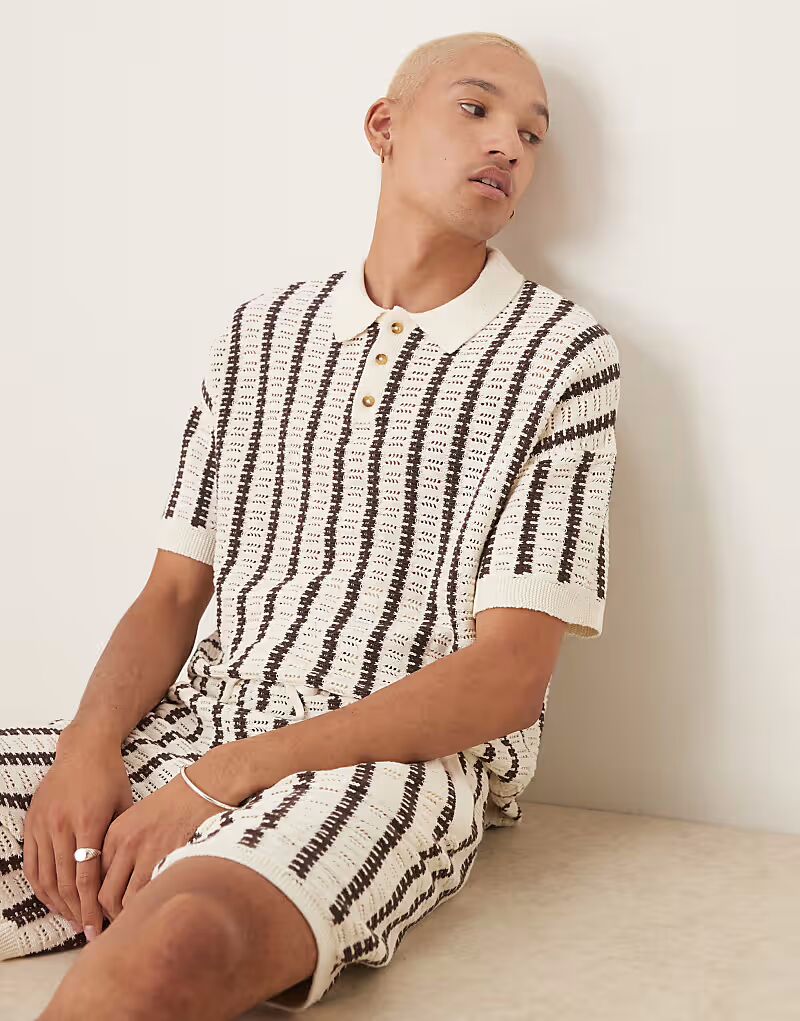 

ASOS DESIGN, свободная трикотажная кофта-поло на пуговицах с полосатым узором коричневого и бежевого цветов