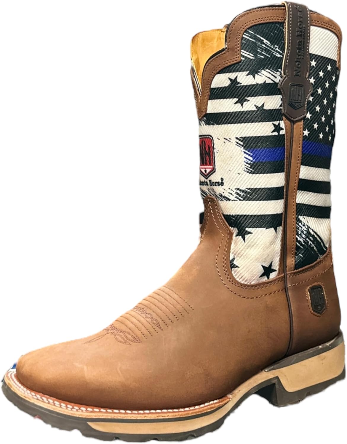 

Мужские премиальные сапоги KING USA TEXAS NK Hunter Shell Western из натуральной кожи с квадратным носком для охоты, родео, ранчо и работы ковбоя, Crazy H Miel/Printed Cvs Flag