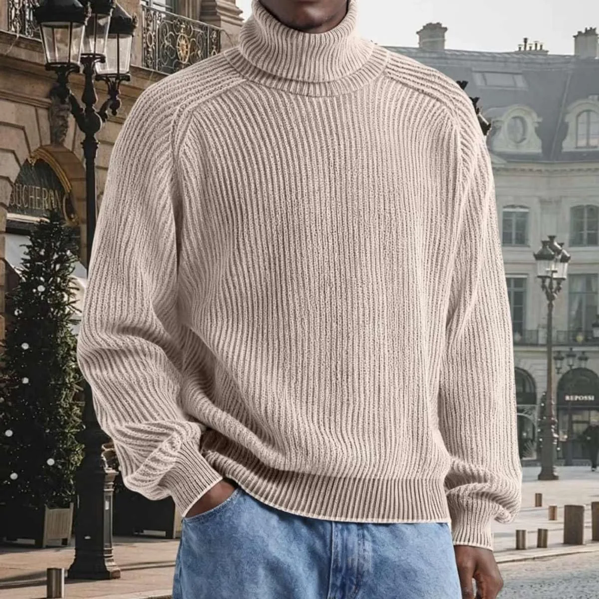 Простой и модный высокий воротник, мужской свитер Slim Fit с длинными рукавами — фото 4