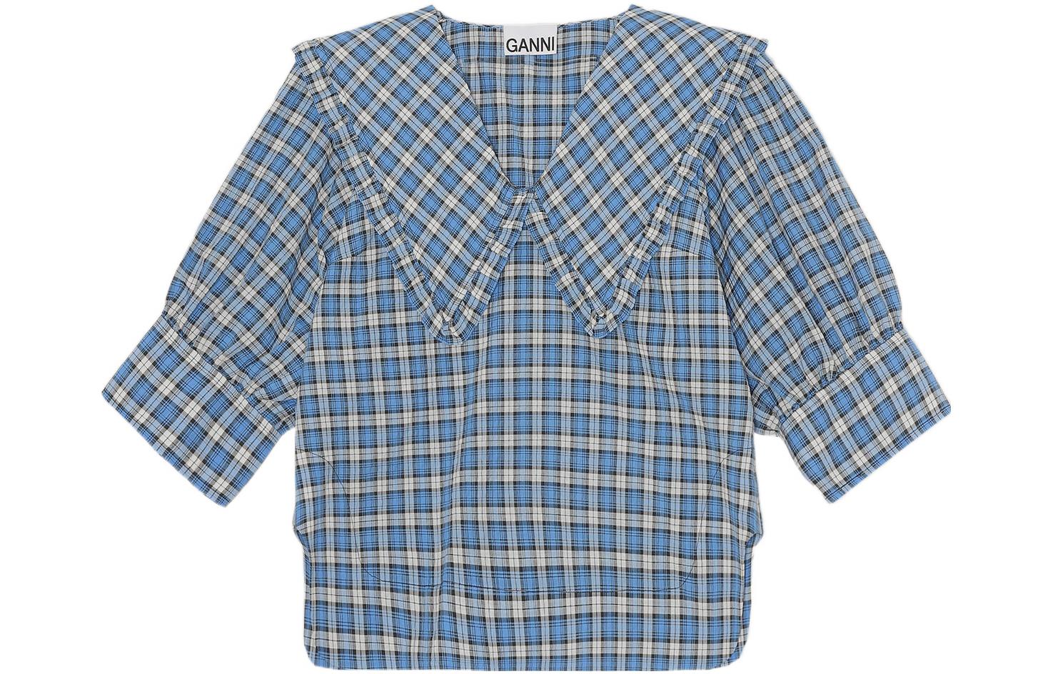 

Ganni Рубашка женская, синие, с воротником "Питер Пэн", средней высоты, другие