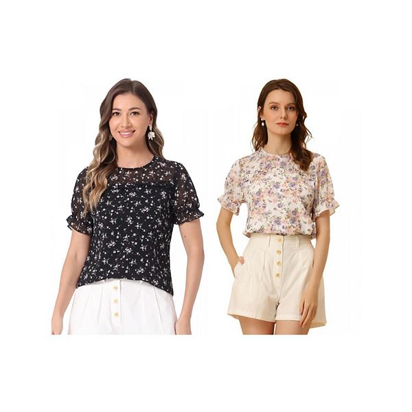 

2 упаковки женской блузки с коротким рукавом и рюшами из шифона с цветочным принтом Inspire Chic, Black Pink Purple