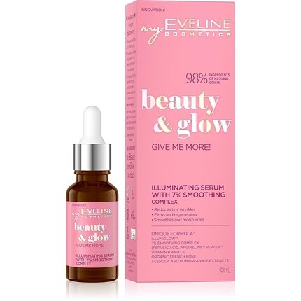 

Eveline Beauty & Glow Дайте мне больше! Осветляющая сыворотка для веганов, защита от морщин, уменьшает обесцвечивание, 98 % натуральных ингредиентов, 7 % разглаживающего комплекса, 18 мл, Eveline Cosmetics