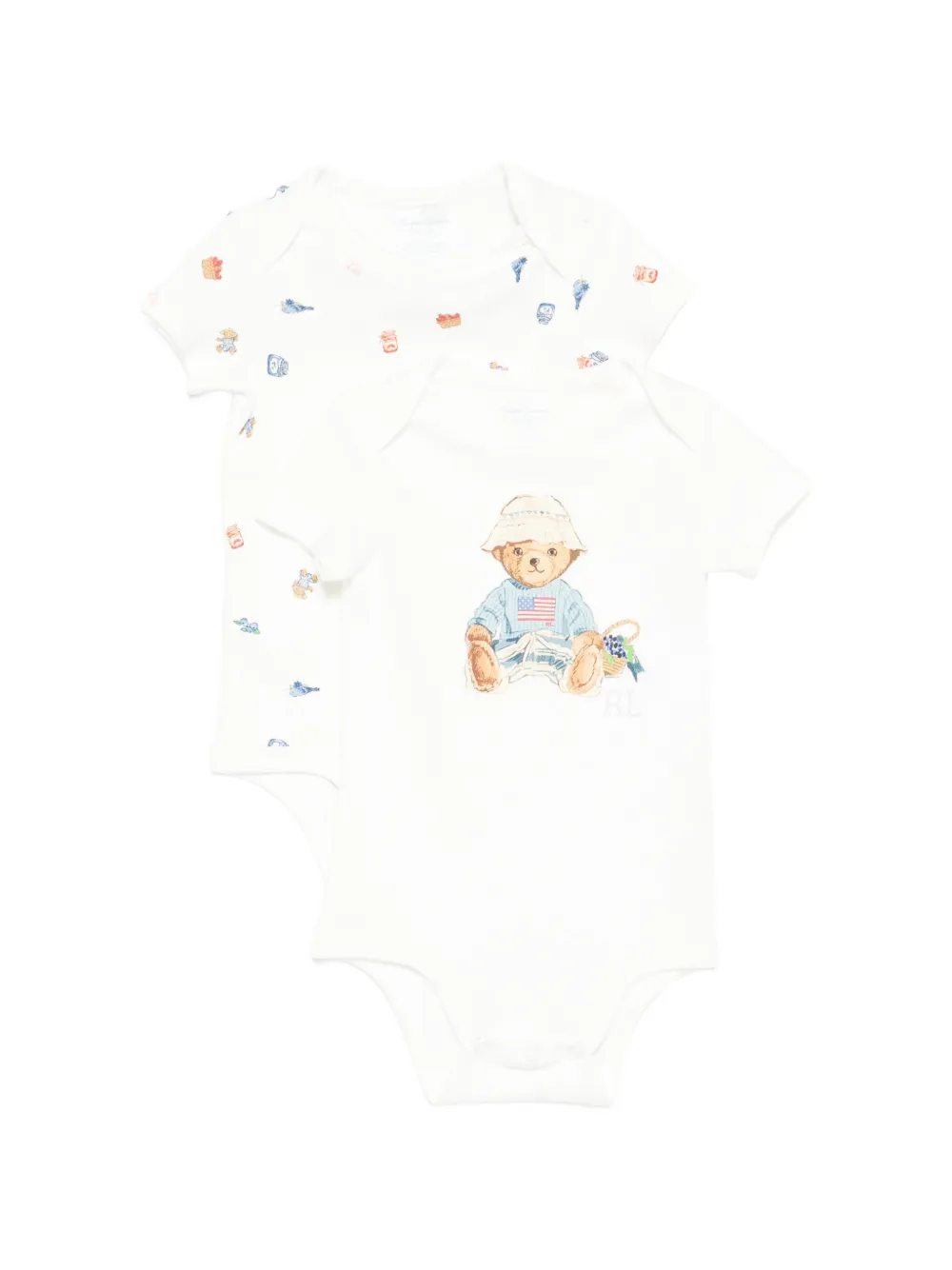 

Комплект из двух бодиков с короткими рукавами и принтом мишки Polo Ralph Lauren Kids, белый