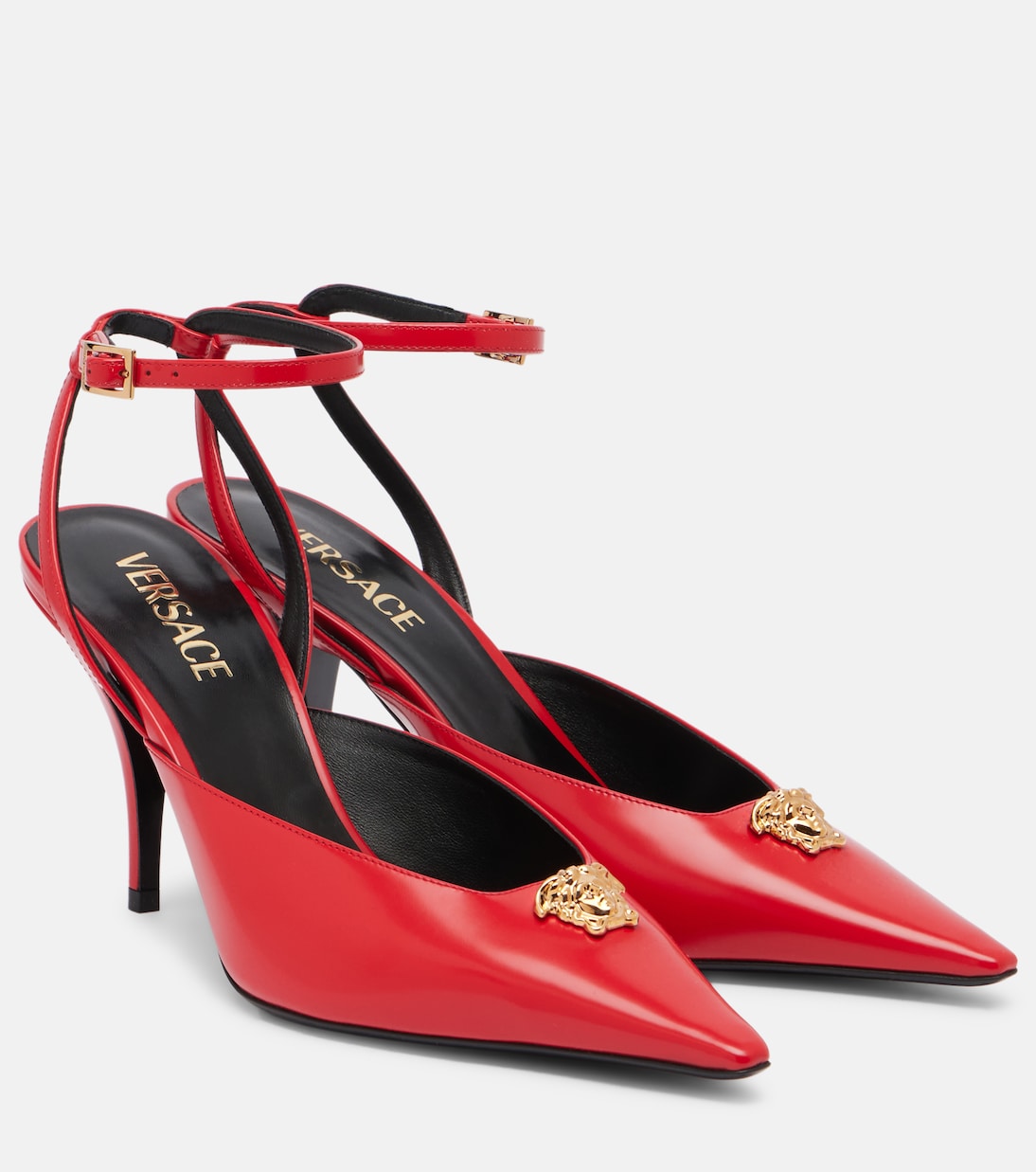 Туфли-лодочки La Medusa 85 из кожи с открытой пяткой Versace, Red-Versace Gold