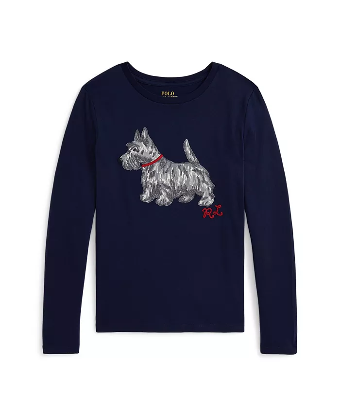 

Футболка с длинным рукавом с принтом собачки для девочек 7-16 лет Polo Ralph Lauren, синий