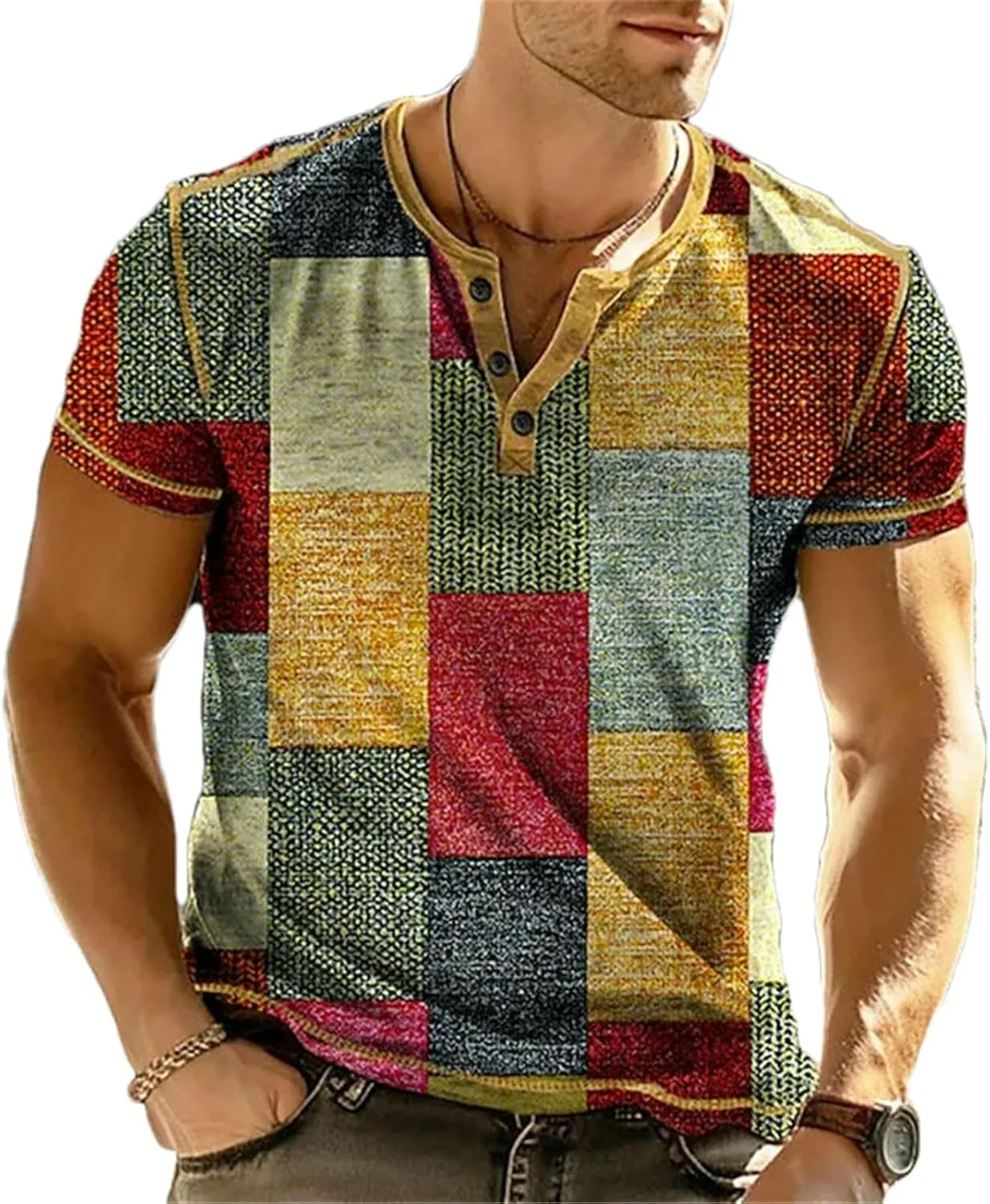 

Винтажная футболка Henley с принтом и цветными блоками GaoLeAve