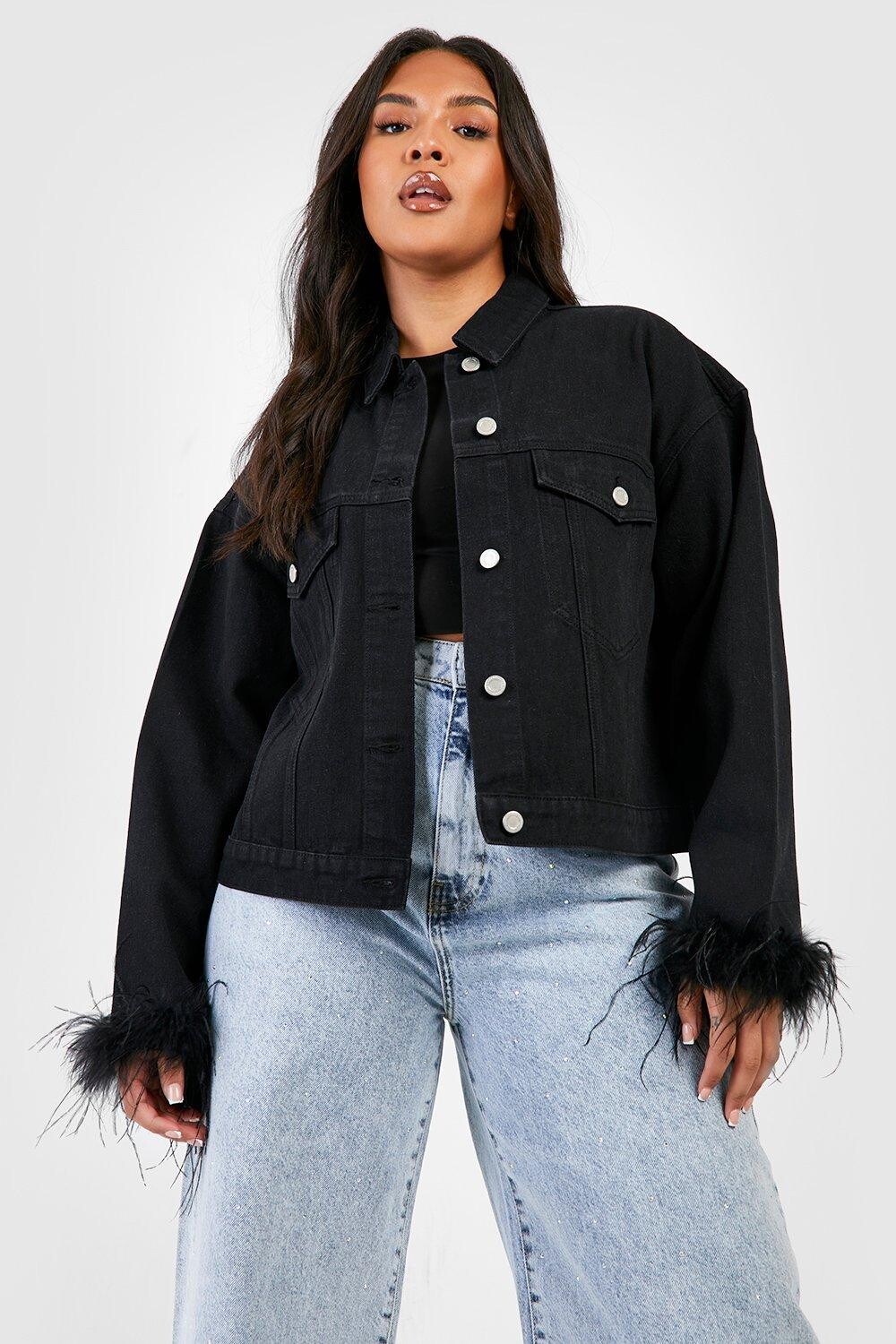 

Джинсовая куртка оверсайз с манжетами и перьями Plus boohoo, черный
