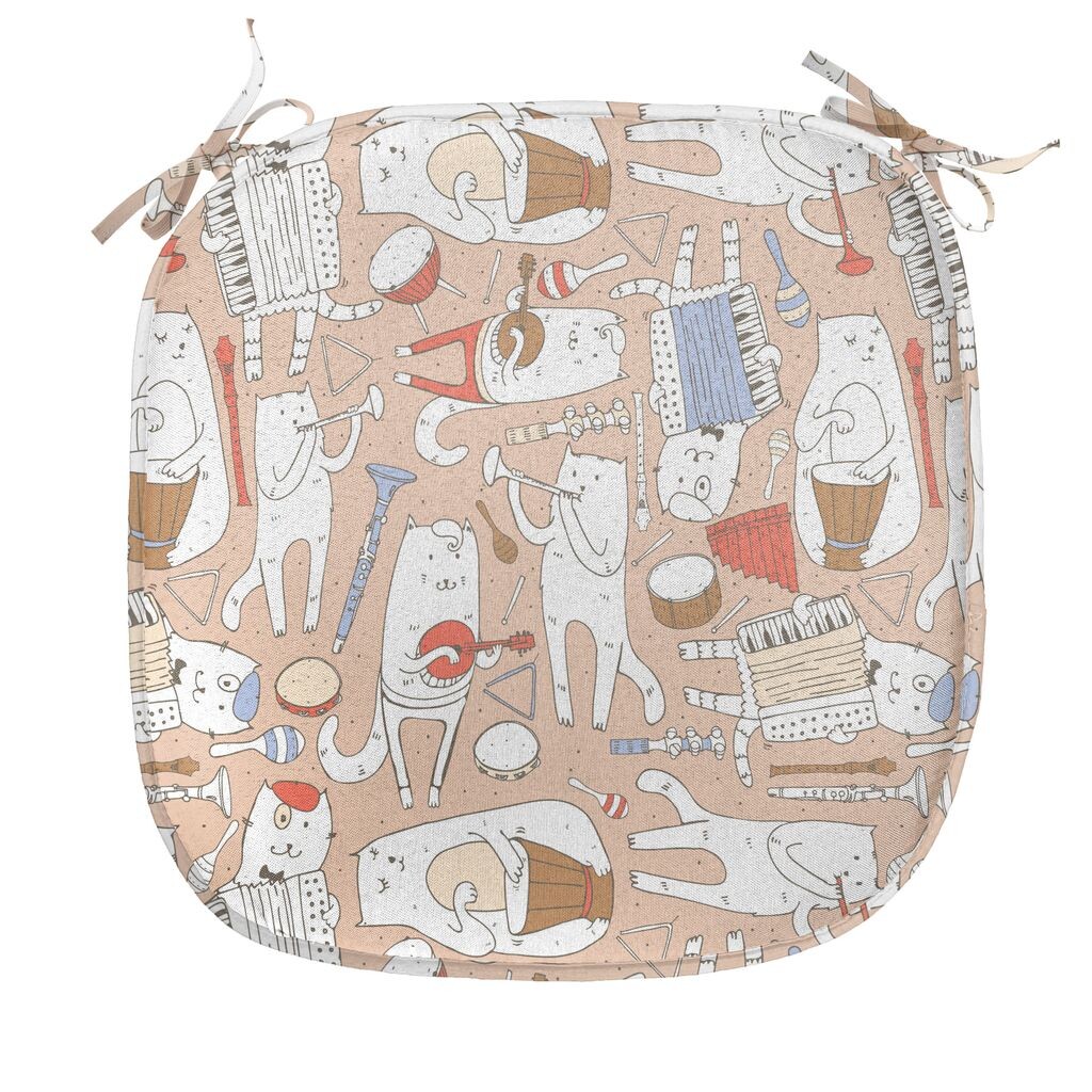 

ABAKUHAUS Музыкальная подушка для стула для столовой, декоративная водонепроницаемая подушка с рисунком кота-музыканта с ремнями для кухонных сидений, 40 см x 40 см, теплый темно-серый белый