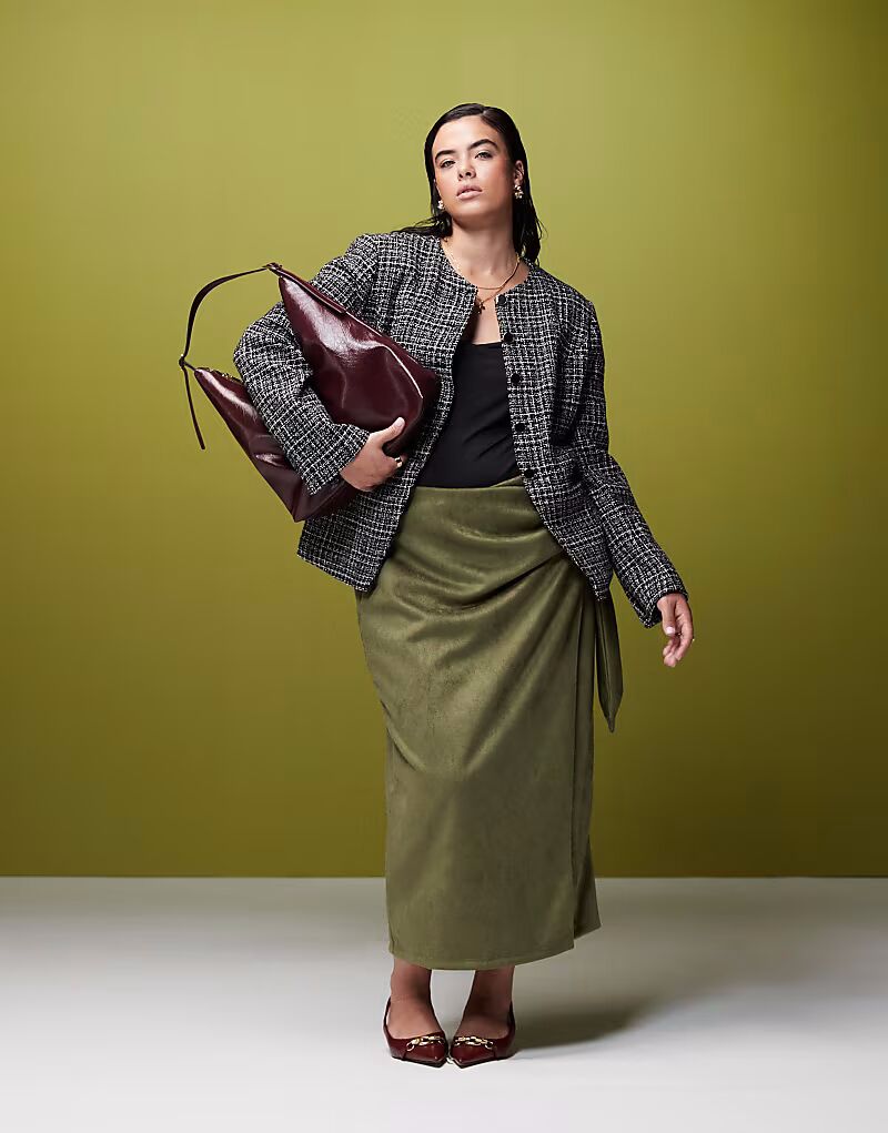 

Длинная юбка из искусственной замши цвета хаки с завязками и запахом Curve Asos Curve