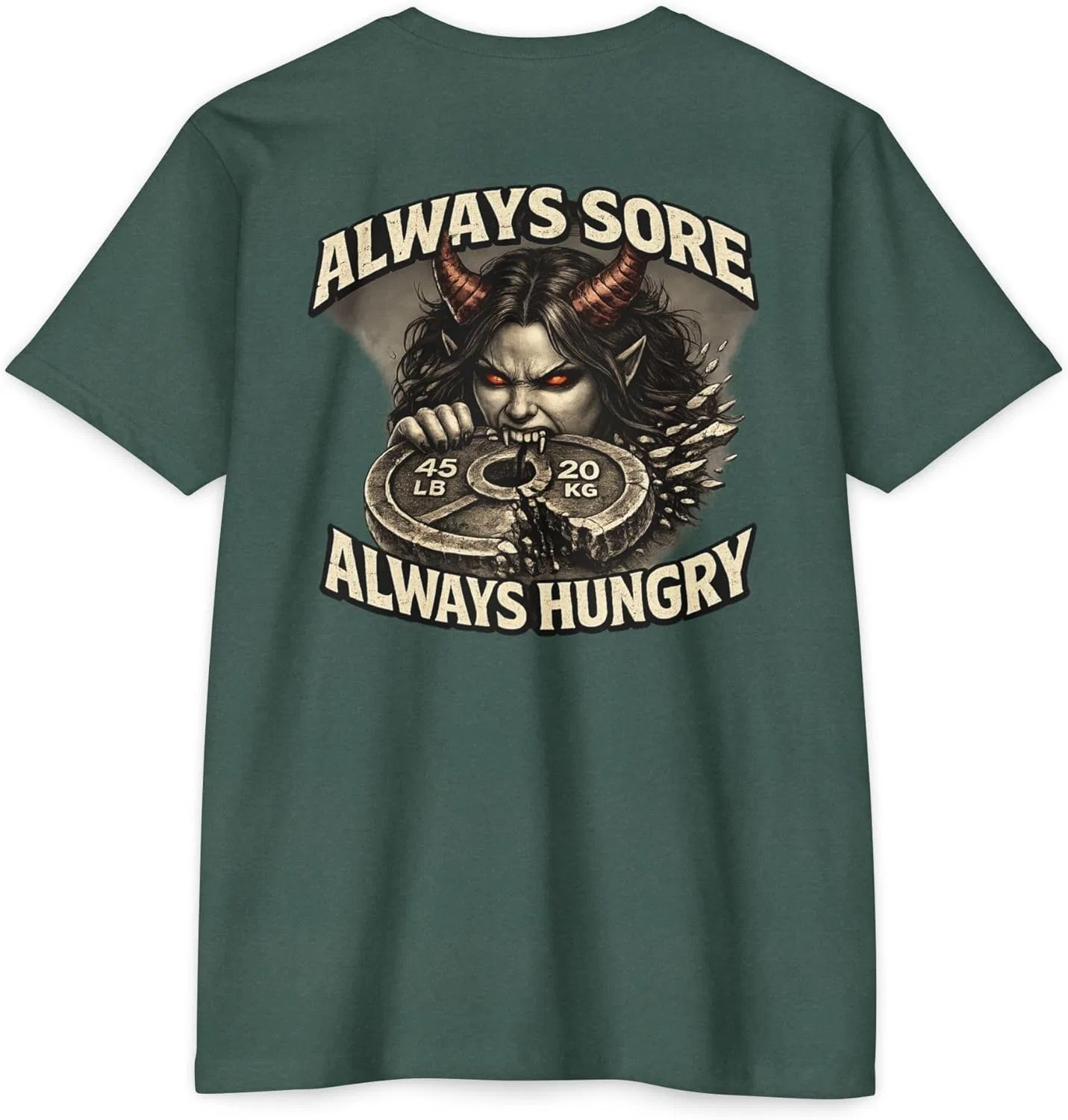 Футболка Always Sore Always Hungry Demon Gym - темная, для фитнеса и развития силы духа, с принтом спереди и сзади GENERIC, зеленый — фото 4