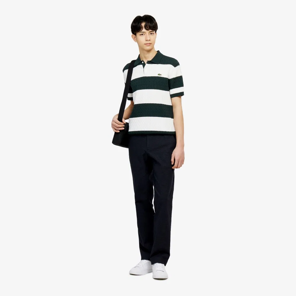 Мужской кабельный свитер поло с коротким рукавом зелёного цвета от Lacoste — фото 4
