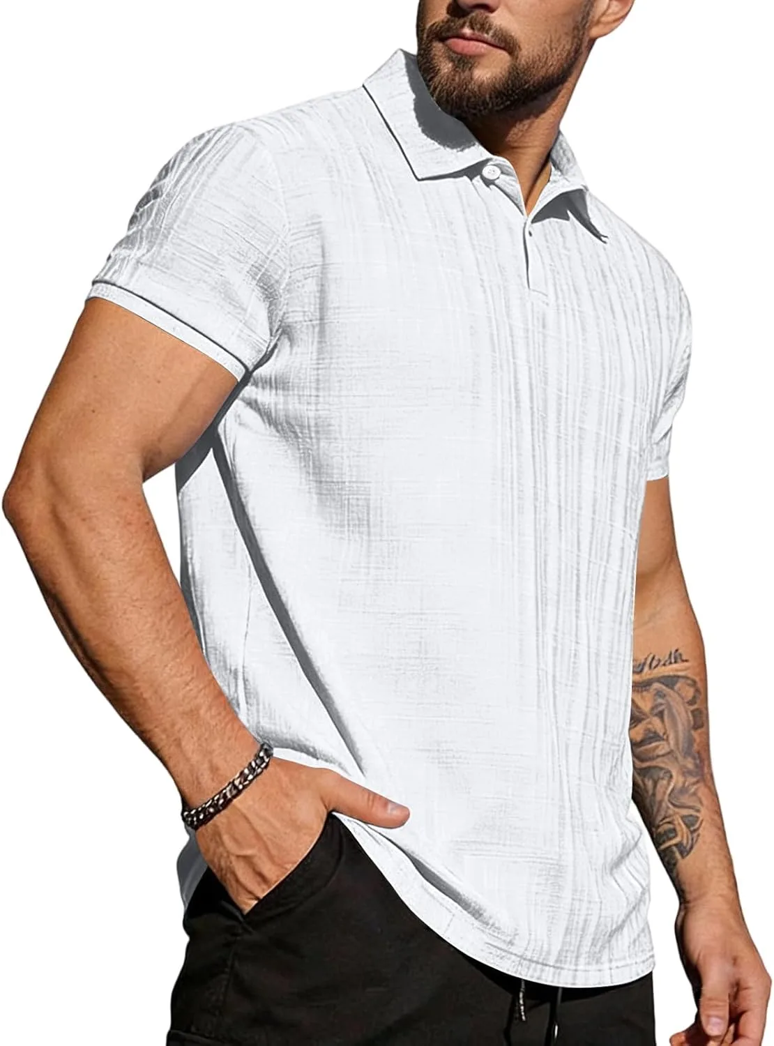 

Мужская короткая рукав текстурированная вязаная поло с карманами FULILYEO