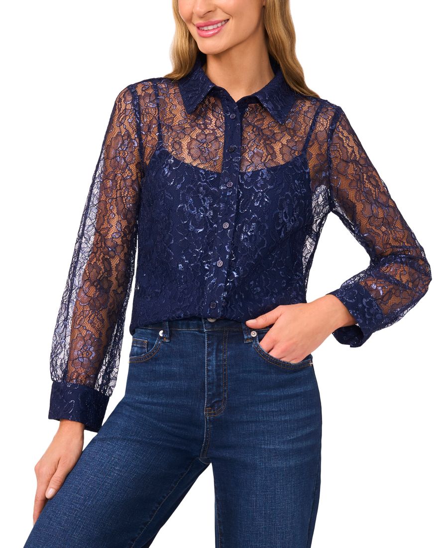 

Женская свободная блузка с длинными рукавами и пуговицами CeCe, Classic Navy