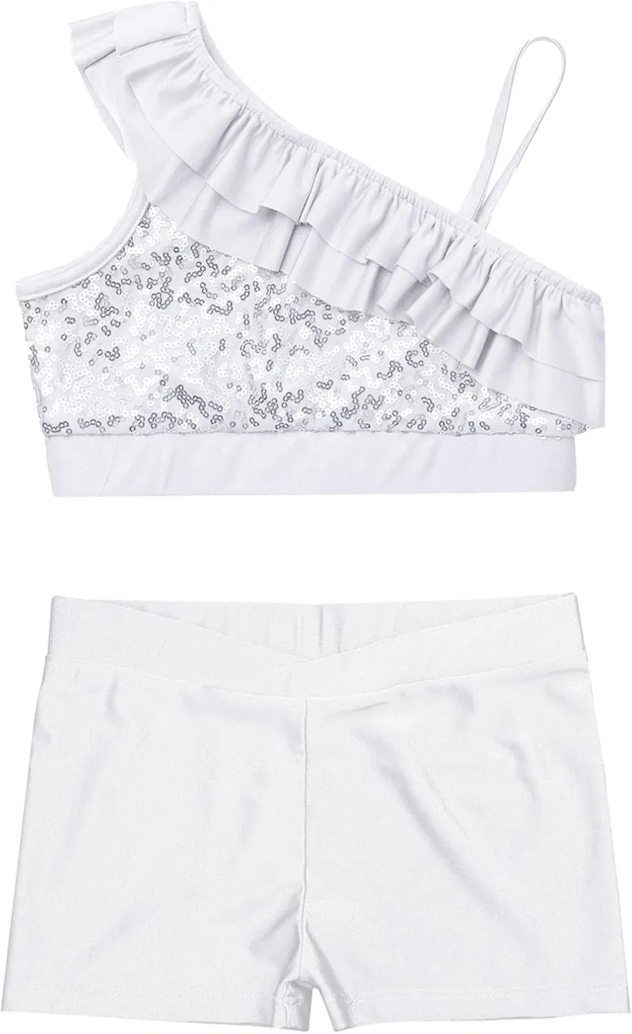 Детский спортивный костюм с пайетками YiZYiF из топа и шорт, White — фото 3