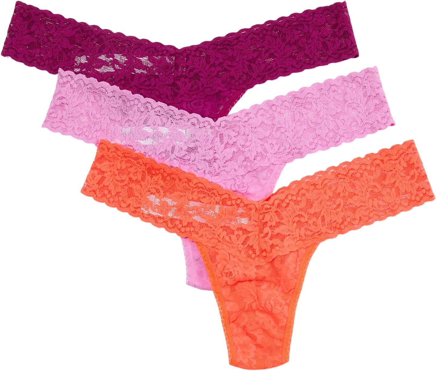 

Стринги Hanky Panky Signature Lace Low Rise Thong 3 Pack, цвет Passionate Pink/Tangelo Orange/Bright Amethyst