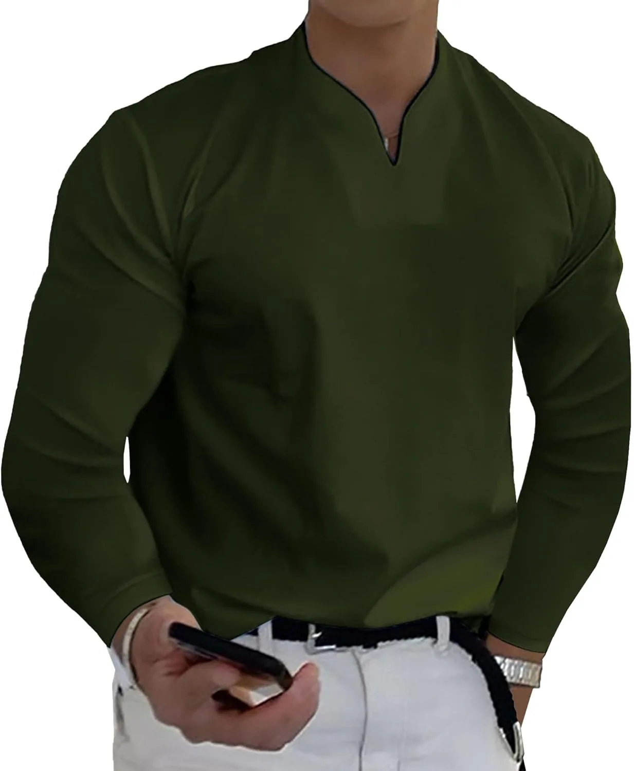 

JEKE-DG Футболка с V-образным вырезом для мужчин, длинный рукав, хлопок, Slim Fit