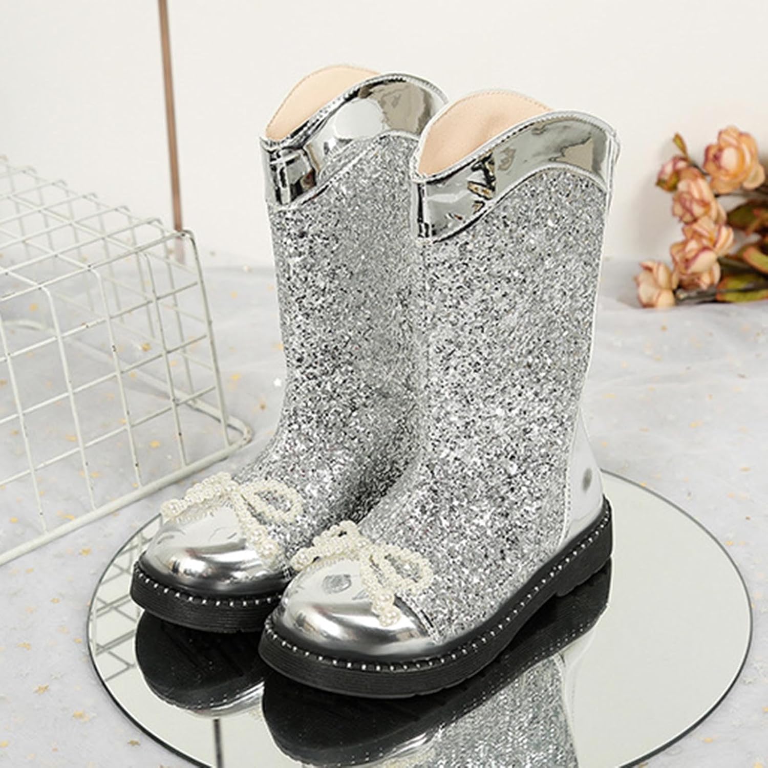 Сапожки Ctreela Sparkle Cowgirl для маленьких и больших детей, ковбойские западные блестящие сапожки для девочек, металлические сапоги средней высоты, серебро — фото 2