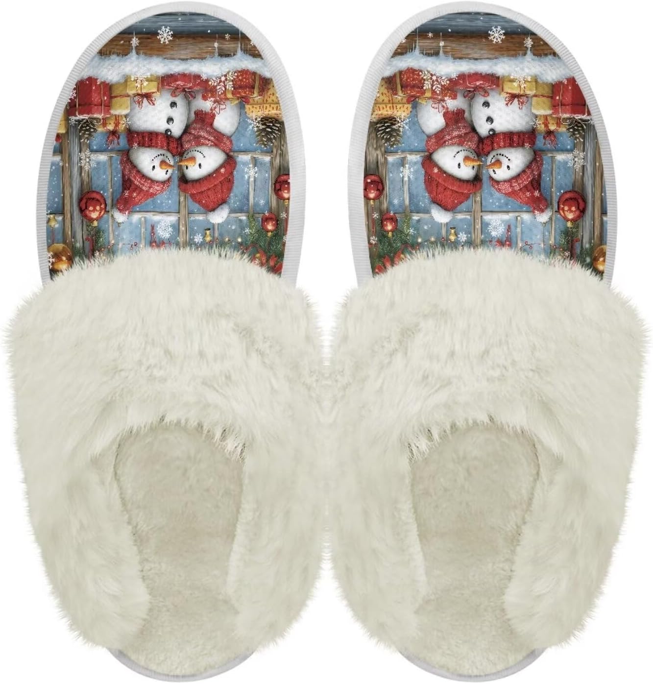 

Хлопковые тапочки PJHEQOXE с пушистыми краями, домашние тапочки для дома и улицы, хлопковые тапочки унисекс, Two Snowmen