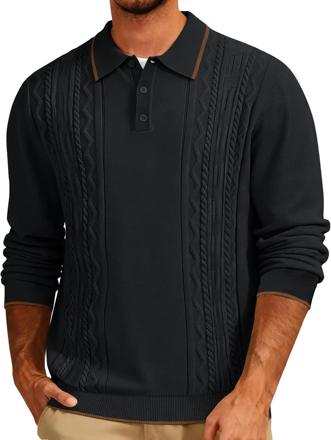 

Cotrasen мужской вязаный поло свитер с длинным рукавом, текстурированный, с воротником и пуговицами, ребристый, легкий