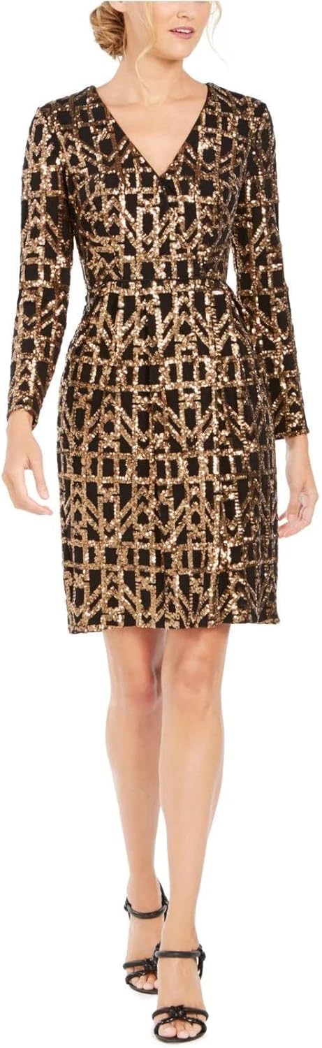 

Женское платье-футляр Calvin Klein с длинными рукавами, пайетками и V-образным вырезом спереди, Copper