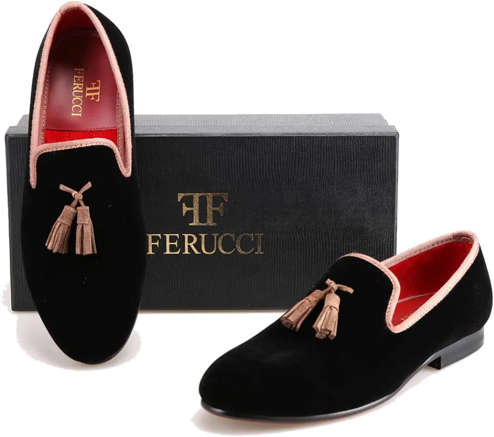 Лоферы FERUCCI Black Custom-Made Velvet с коричневой кисточкой, черный — фото 3