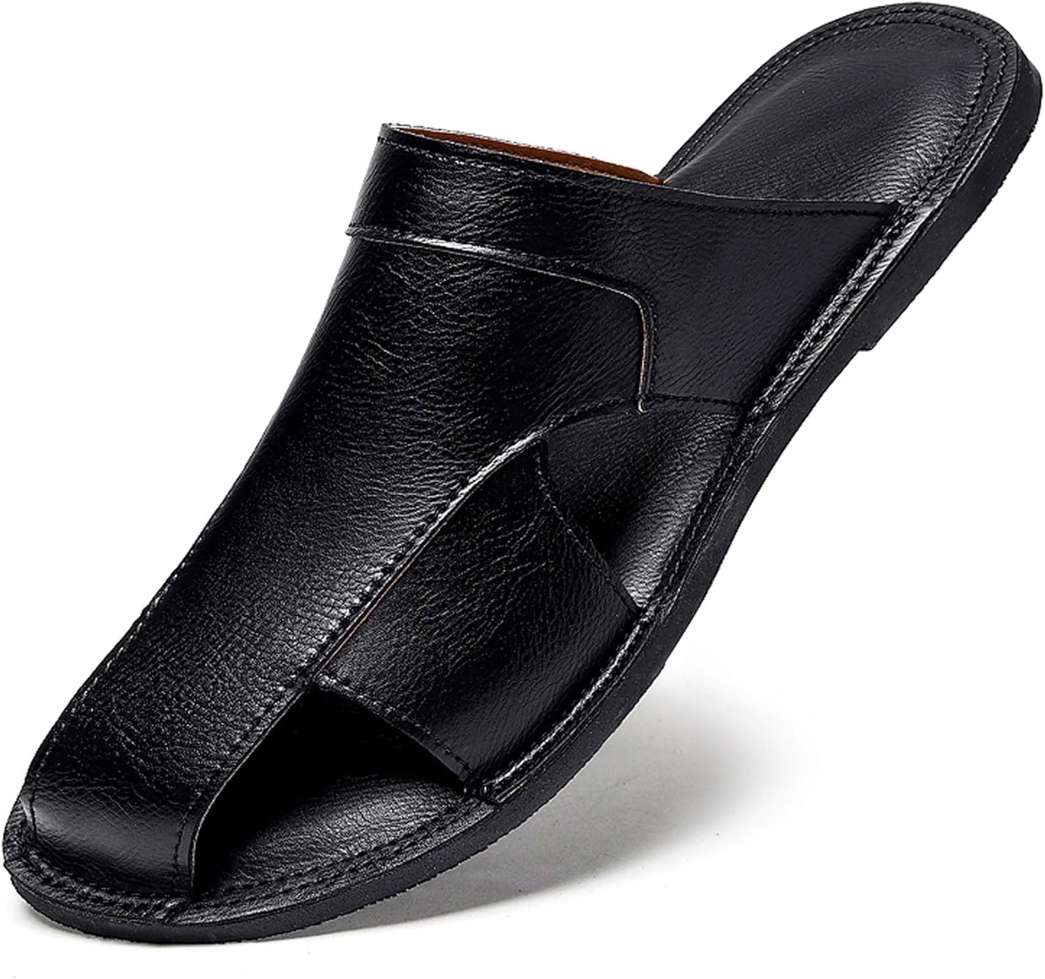 

Мужские слайд-сандалии из премиальной натуральной кожи, модные повседневные мужские слайд-сандалии, подошва из резины с противоскользящим эффектом, мягкая и легкая обувь Generic, черный