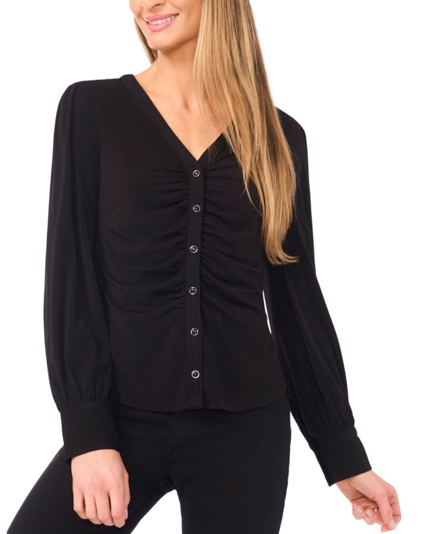 

Женская трикотажная блузка с V-образным вырезом, длинными рукавами и сборками CeCe, Rich Black