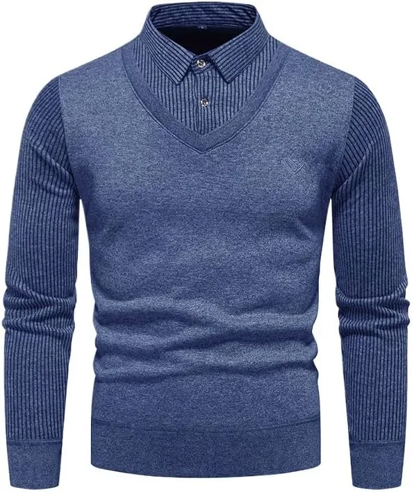 Новый мужской свитер slim fit с воротником-рубашкой