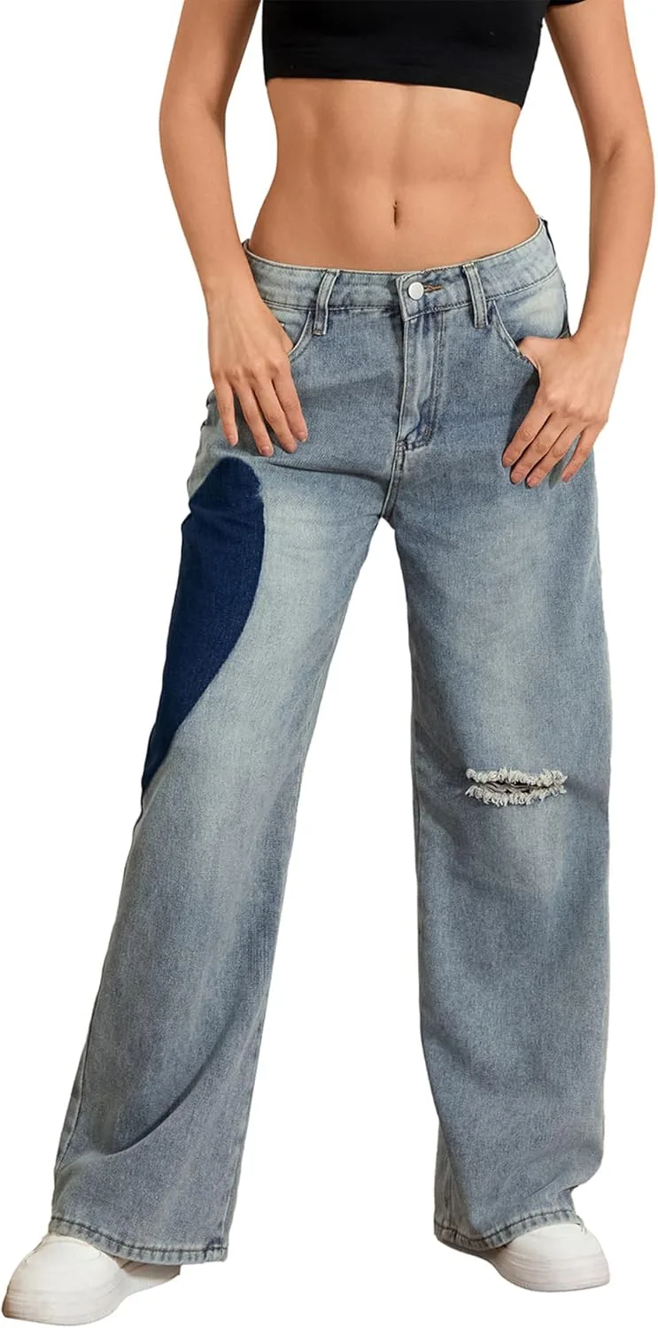 

Женские джинсы baggy low waist wide leg с сердцем в стиле patchwork Kfsghdnz