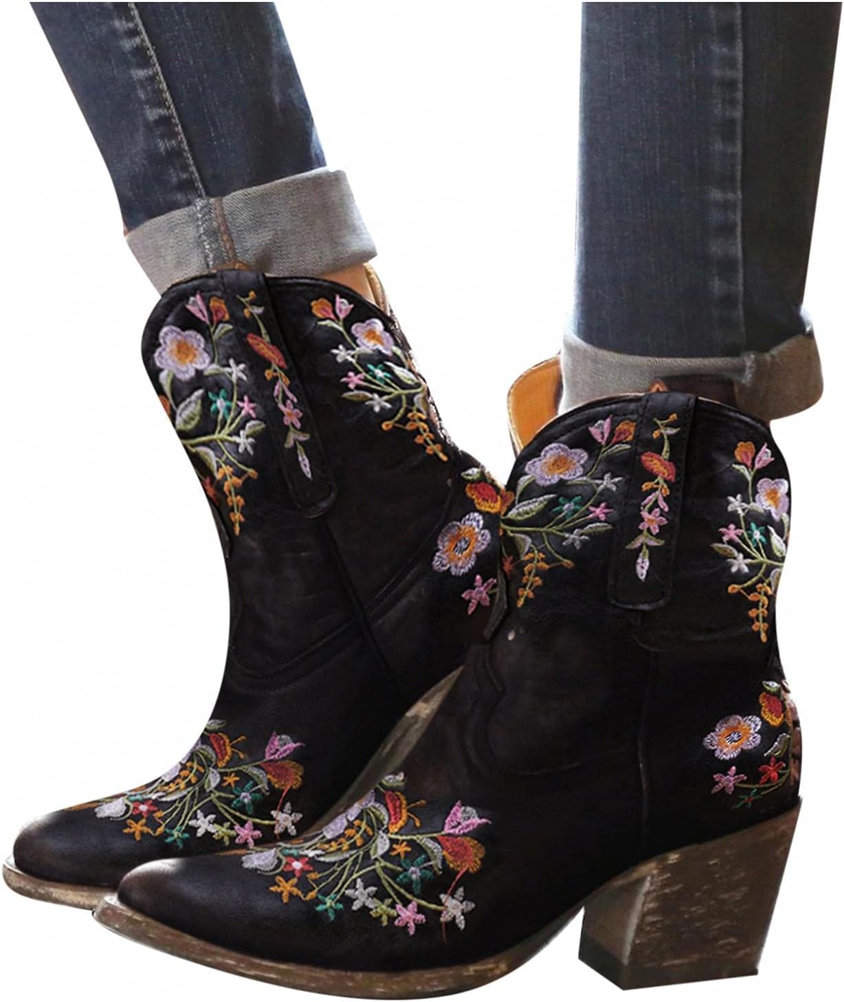 

Женские сапоги Hbeylia в винтажном этническом стиле ковбоев, бохо ретро с цветочной вышивкой, заостренный носок, кожаные вестерн-ковбойские сапоги, бохо массивный средний каблук, широкие сапоги средней длины для женщин, праздничная обувь, черный