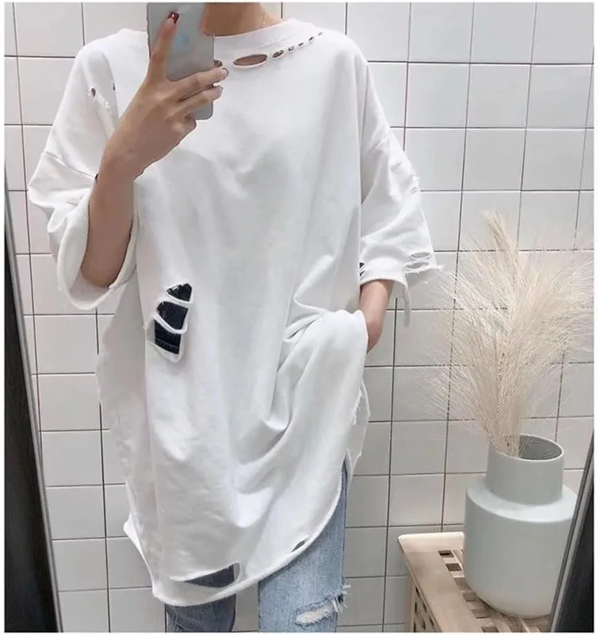 Женская футболка O-Neck Loose Solid Hole Color Hollow Out — фото 4