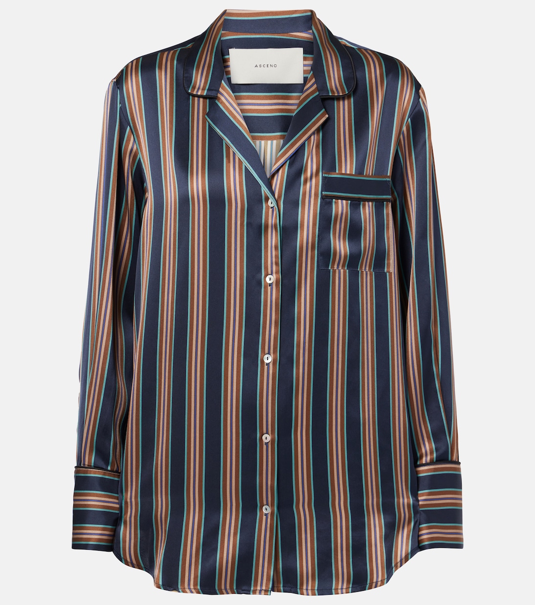

Парижская шелковая рубашка шармез Asceno, Brunette Navy Stripe
