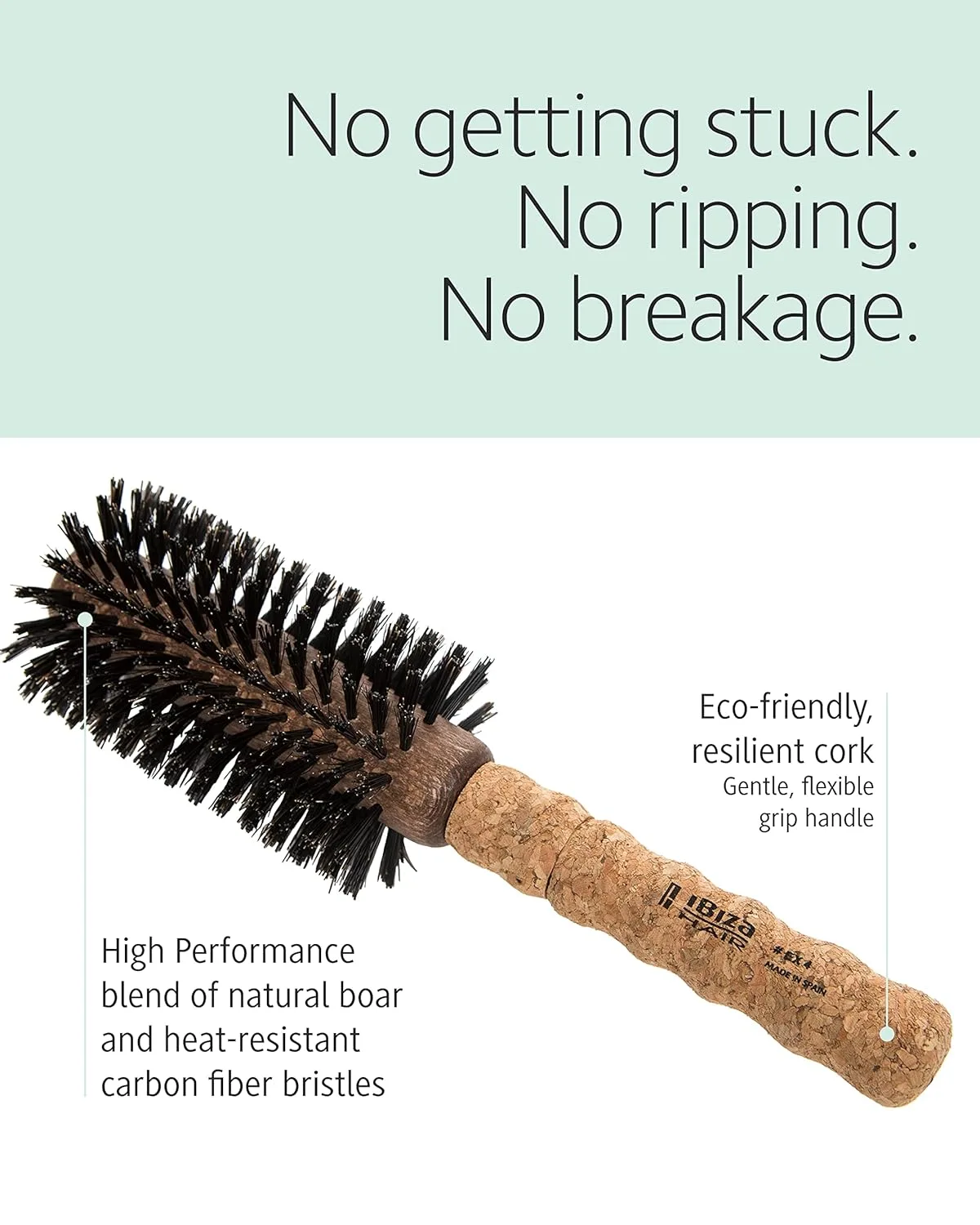 Круглая щетка Ibiza Hair из щетины кабана (серия EX) - легкая, с усиленной щетиной и пробковой ручкой, для блеска и текстуры, идеальна для средних и длинных волос EX4, Black, Brown — фото 3