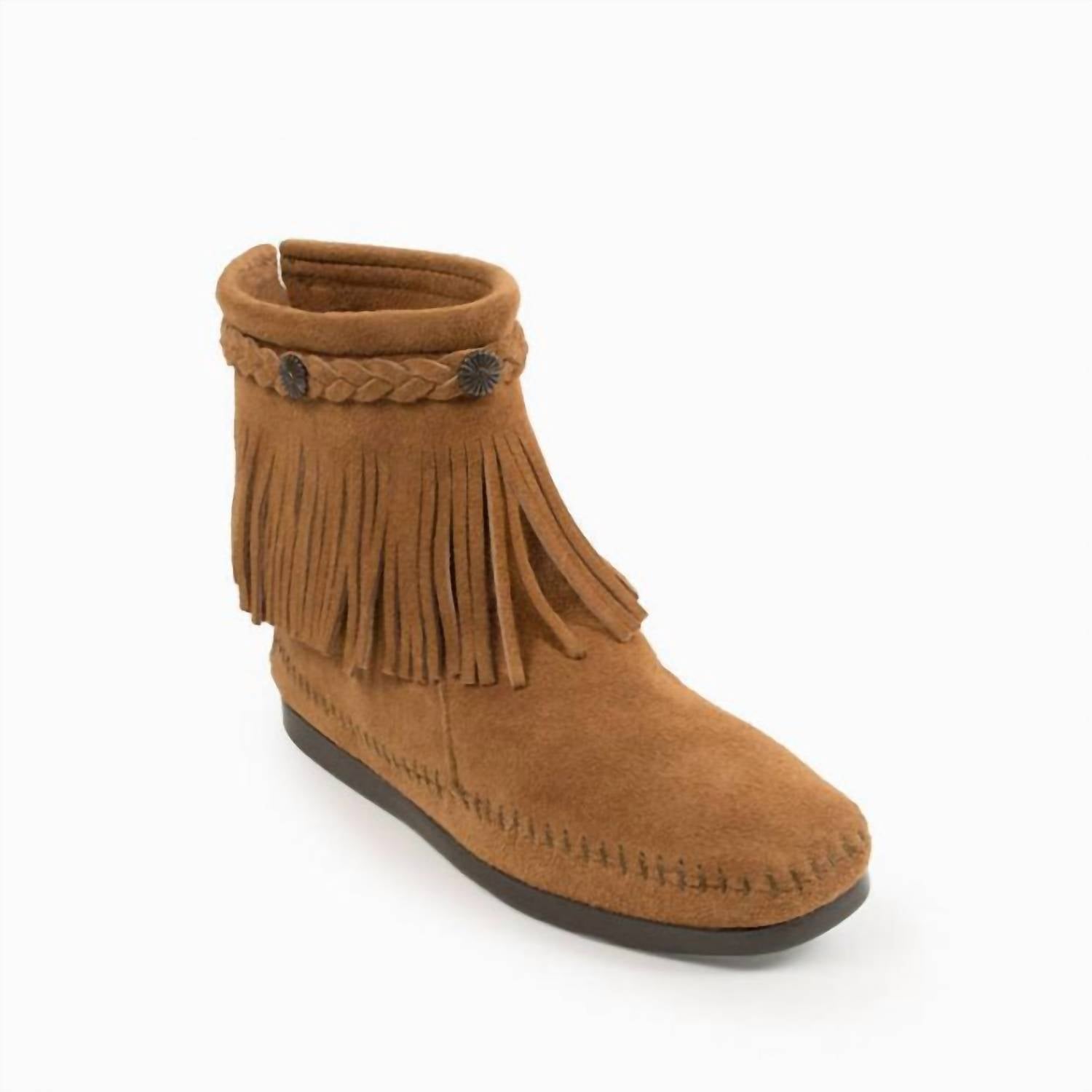 Женские мокасины-ботфорты на высокой подошве сзади на молнии в цвете тауп Minnetonka — фото 4