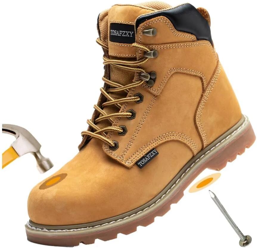 

Рабочие ботинки для мужчин из прочной кожи Crazy-Horse с защищенным стальным носком, водонепроницаемые и противоскользящие, лучше сохраняют тепло, рабочая обувь для мужчин TOSAFZXY, желтый