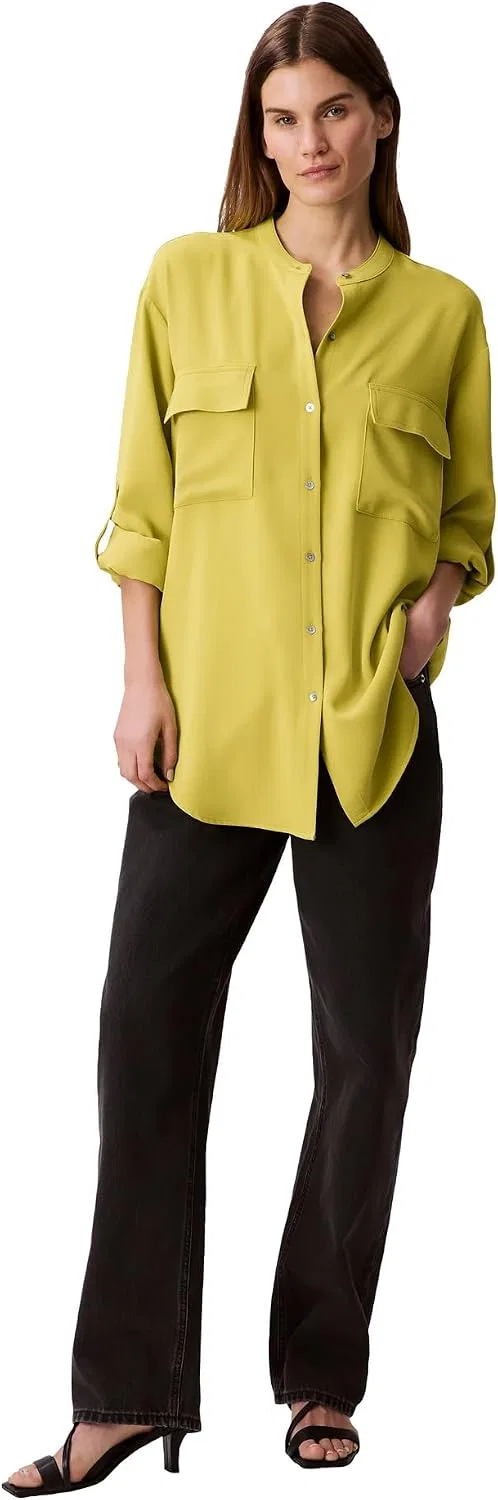 Блуза, свободный крой, Crepe Relaxed Button Down Shirt, Calvin Klein, теплый оливковый — фото 3