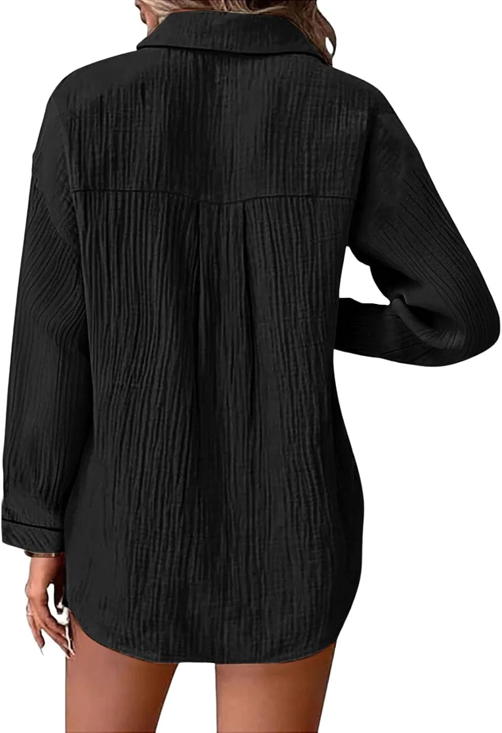 Блуза женская, из льна, плиссированная, с поясом, свободная, Casual, длинный рукав, черный — фото 2