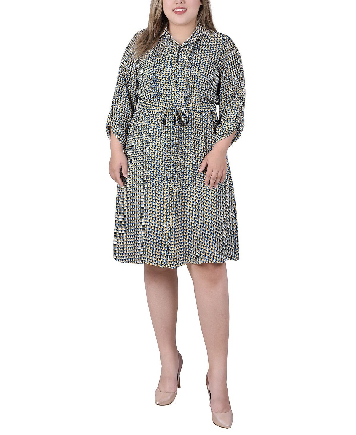 

Платье добби больших размеров с длинными рукавами-рулонами и язычками NY Collection