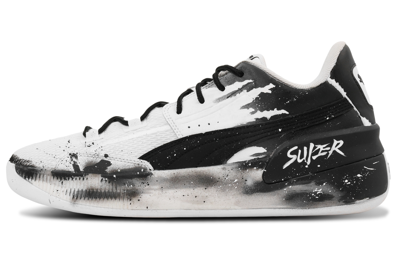 

Puma Баскетбольные кроссовки Clyde Hardwood Team Ink Blaze Super Battle Spirit с низким верхом, износостойкие, унисекс, черный с белыми элементами