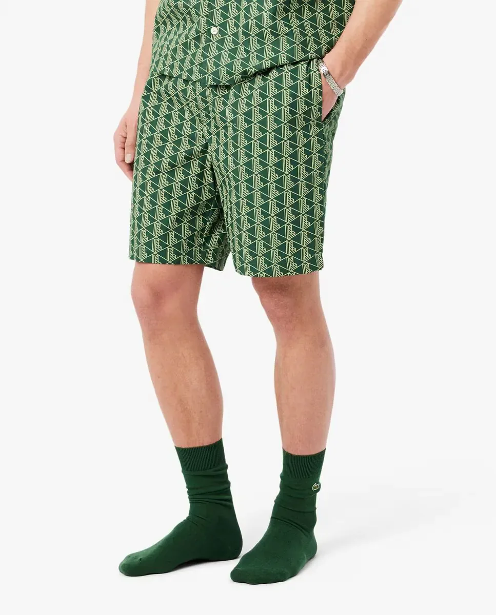 Lacoste Мужские короткие пижамные брюки из поплина с зеленым узором монограммы — фото 3