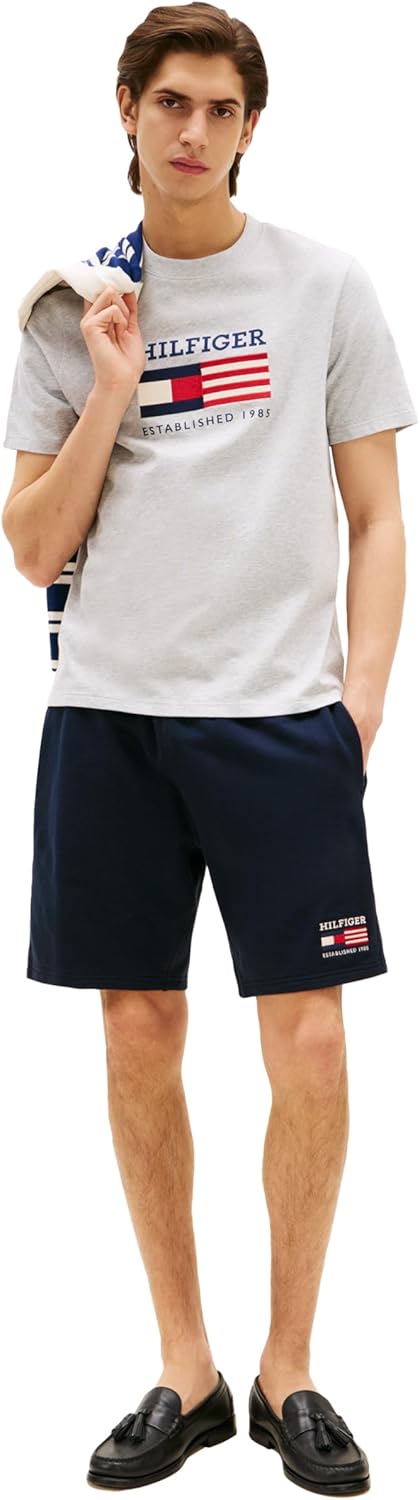 Мужские хлопковые футболки Tommy Hilfiger с коротким рукавом и вышитым логотипом-флажком, Light Grey Heather — фото 3