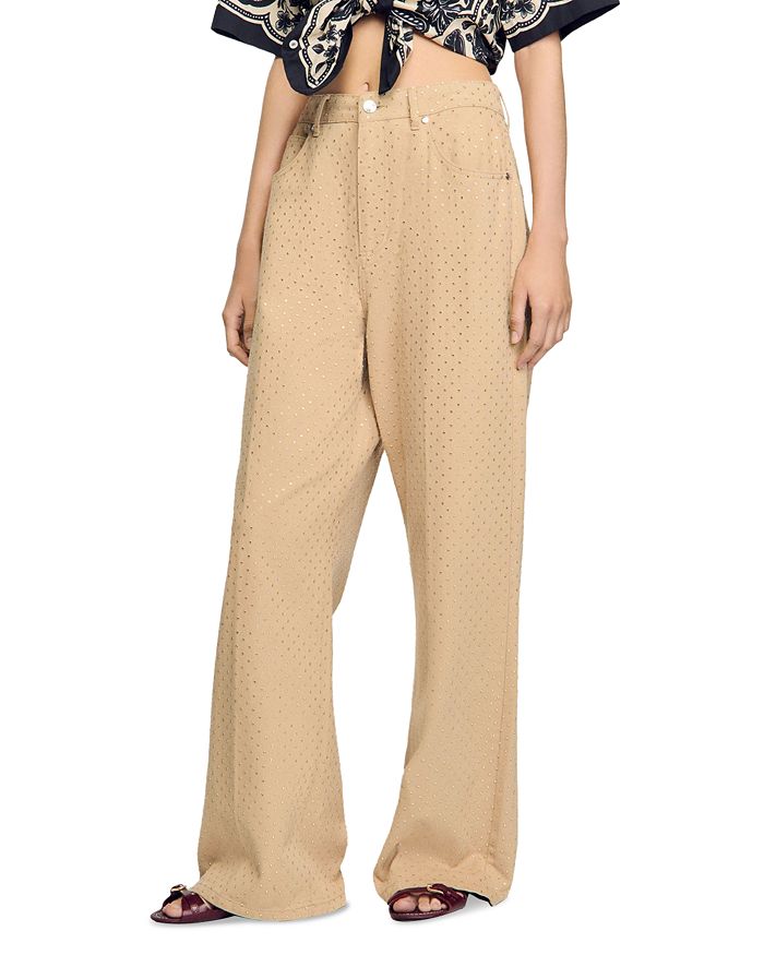 

Джинсы с широкими штанинами, украшенные стразами, цвет Sand Sandro, коричневый/бежевый