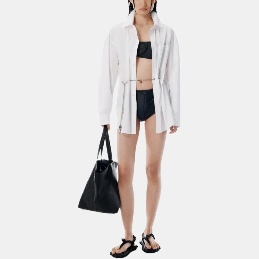 Рубашка с длинным рукавом, воротником и цепочкой на поясе Alexander Wang, White — фото 2