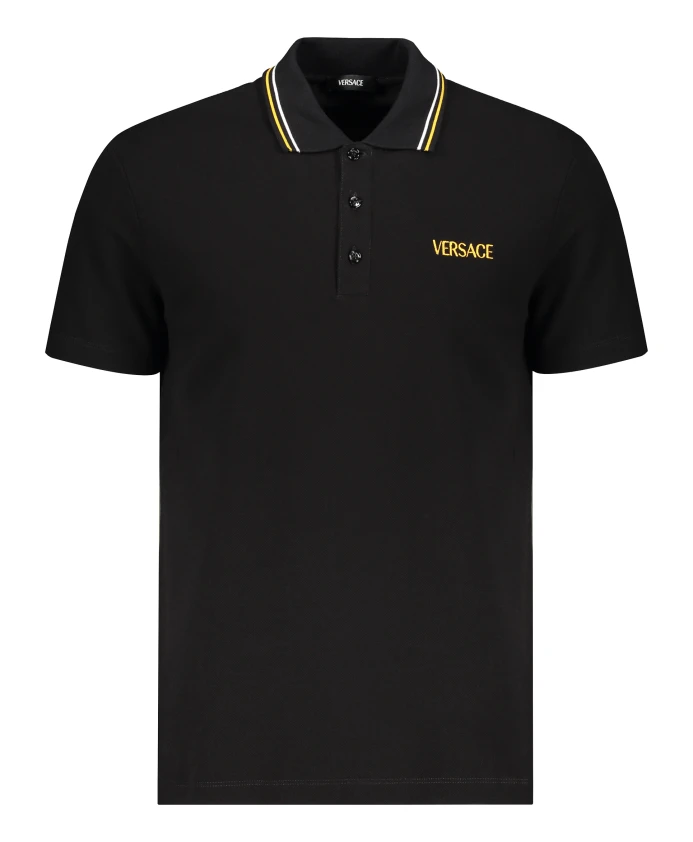 

Хлопковая рубашка-поло с вышивкой и полосатым узором. Versace, черный