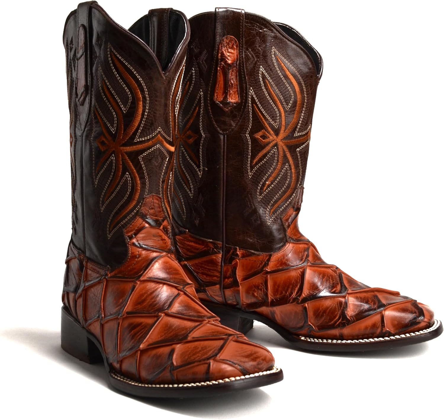 

Мужские ковбойские/родео сапоги Joe Boots 708 с экзотическим принтом из кожи пиараку, вышитым квадратным носком, кожаная подошва Joe Exclusive, Cognac