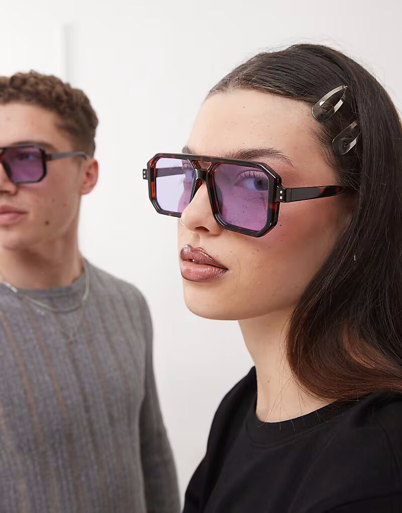 

Солнцезащитные очки-авиаторы унисекс с квадратными краями в черепаховой оправе и фиолетовыми линзами Reclaimed Vintage