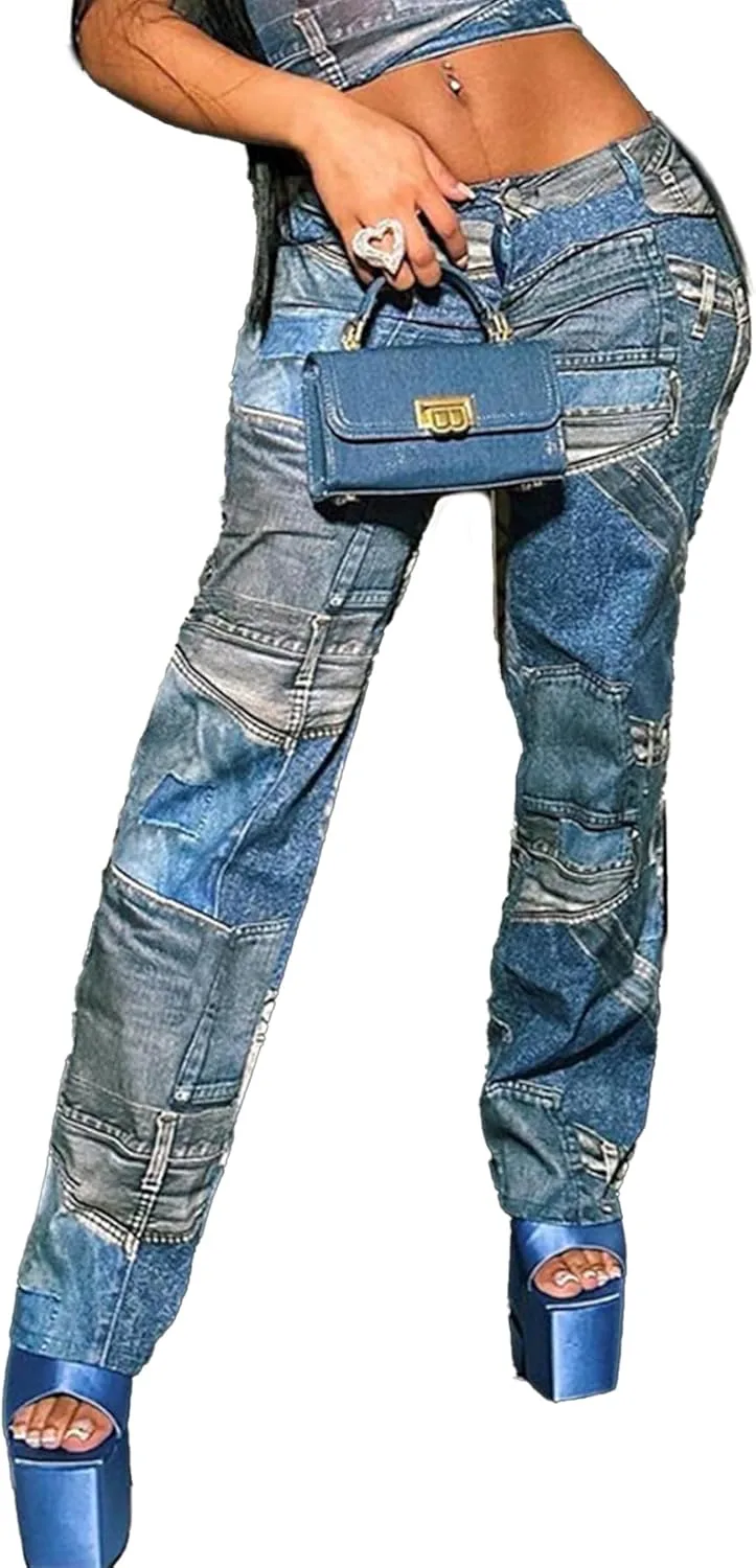 

Женские джинсы Mid Waisted Straight Leg с эффектом пэчворк Inroserm