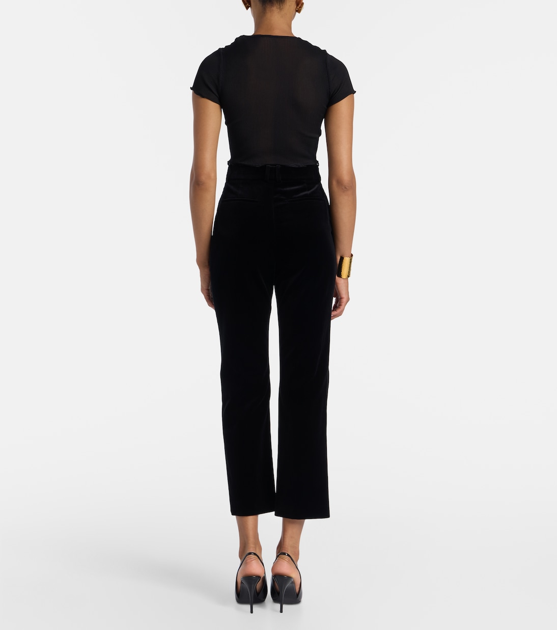 Хлопковые вельветовые укороченные расклешённые брюки Saint Laurent, нуар — фото 3