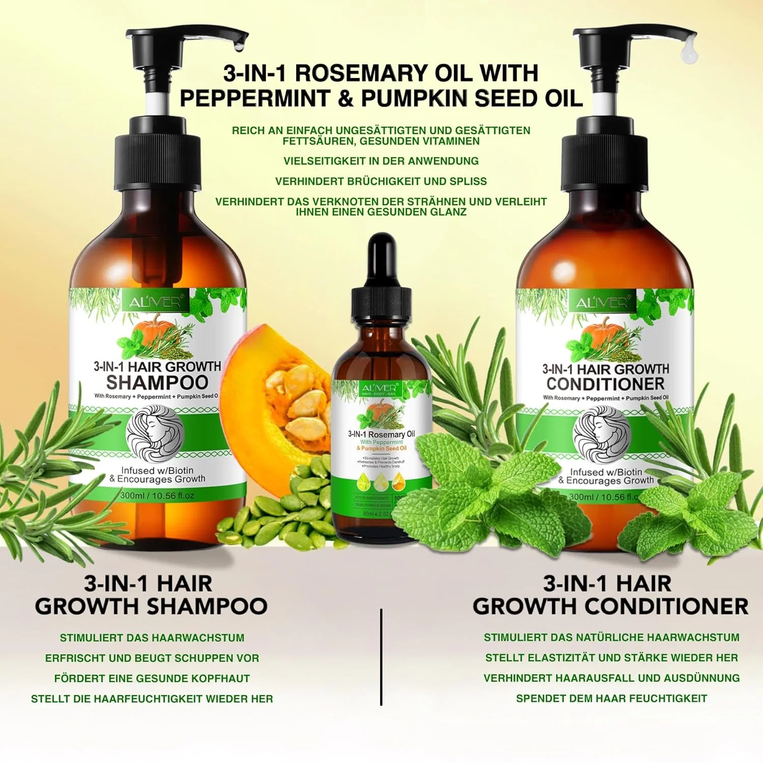 Набор для ухода за волосами 3-в-1 с биотином и розмарином от P-Beauty P-Beauty Cosmetic Accessories, Set 1 Shampoo + Condit. + Oil — фото 2